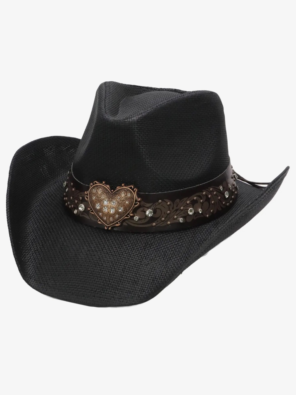 Black Western Straw Cowgirl Hat with Heart Concho